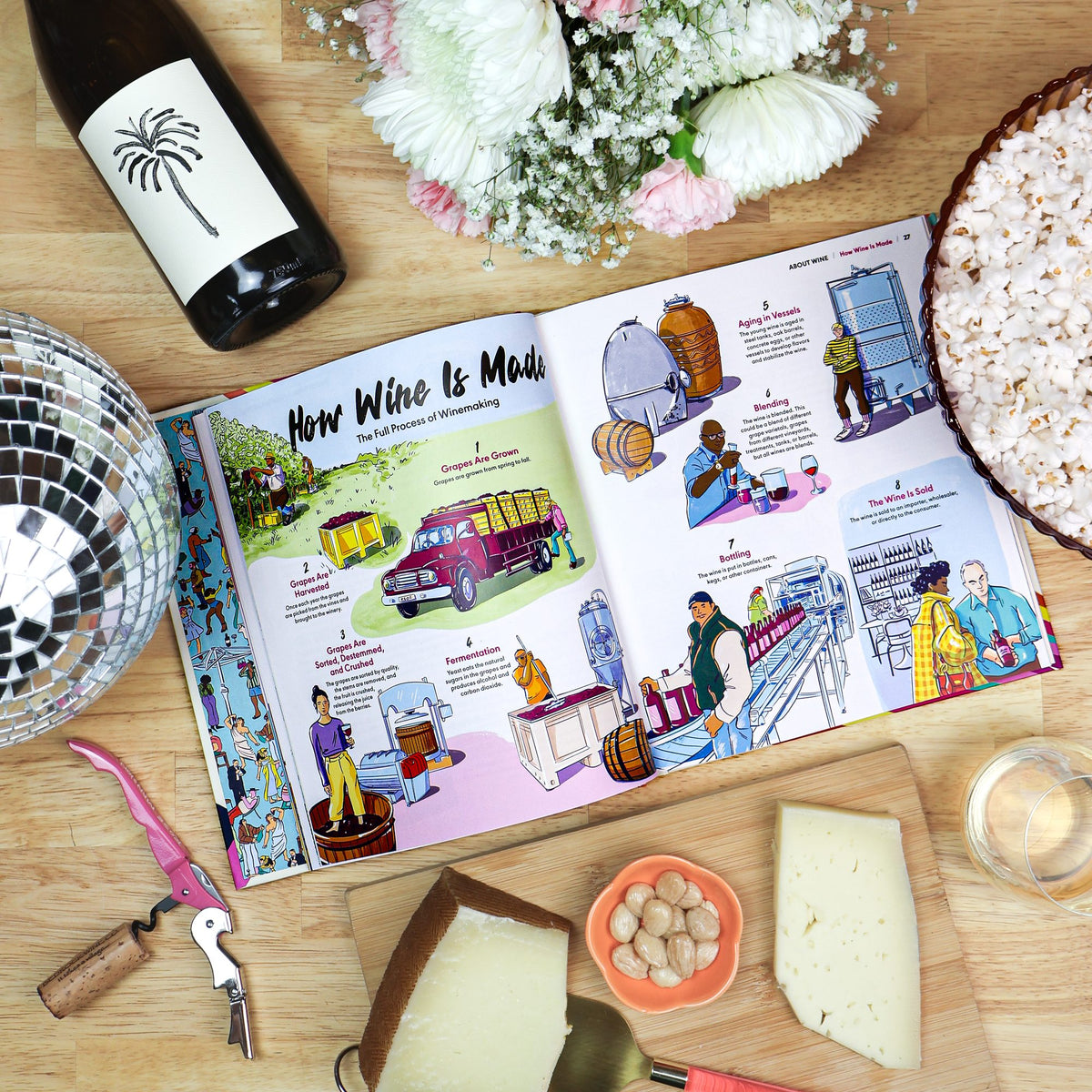 Rebel School of Wine cover, How Wine is Made spread with disco ball