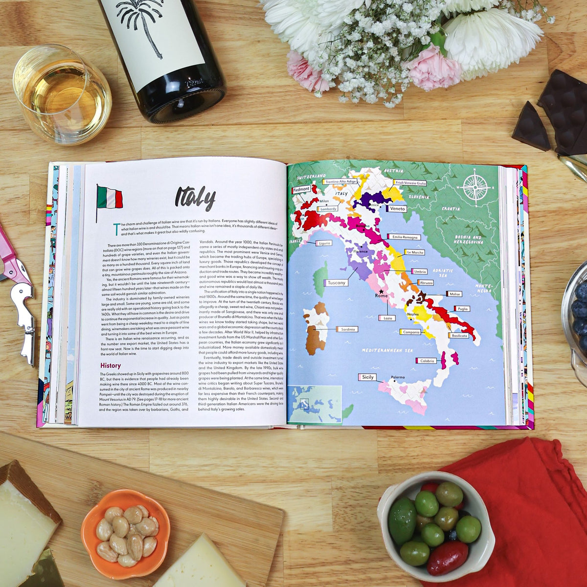 Rebel School of Wine cover, Italy map with flowers