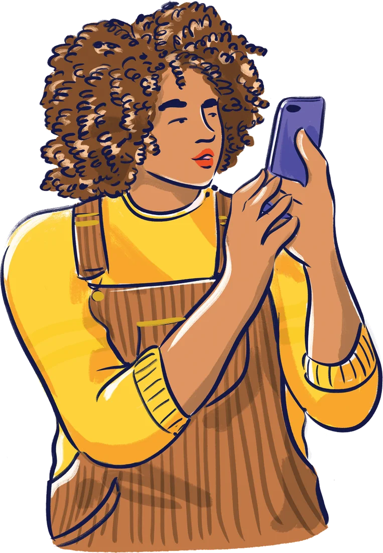 Illustration of a woman with curly hair reading on her phone
